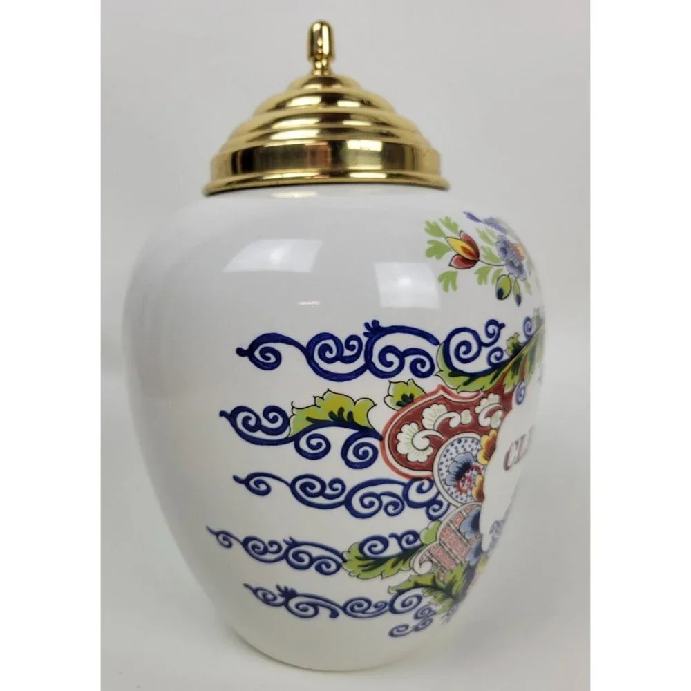 Vintage Royal Goedewaagen Delft Cleary Tobacco Jar Apothecary w Brass Lid  11.5